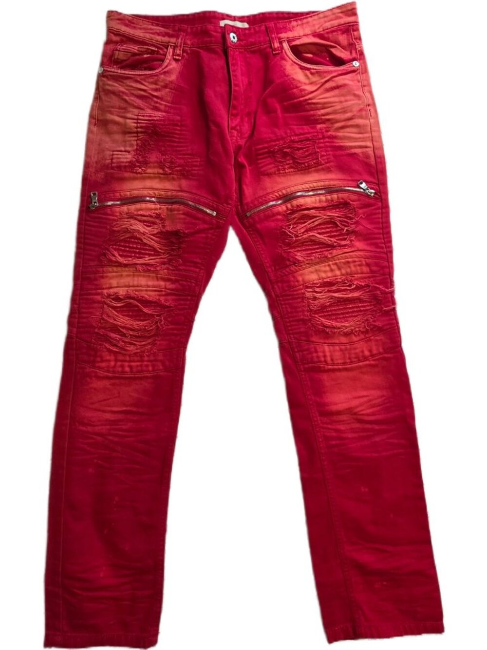 Smoke Rise Men Red Distressed Twill Moto Biker Jeans 38x32